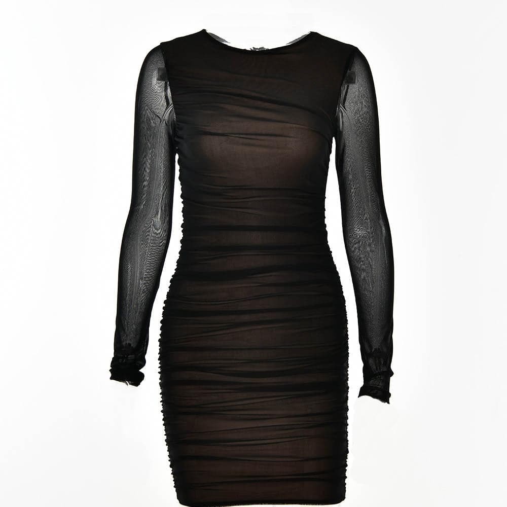 Y2K Grunge Aesthetic Ruched Mini Dress with Long Sleeves - Cute & Comfy Fashion Statement