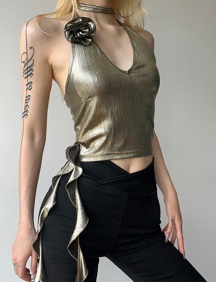 Y2K Grunge Aesthetic Ruffle Halter Camisole Top - Cute Pastel Goth Fashion Essential