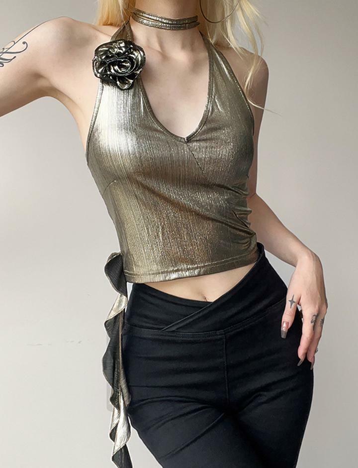 Y2K Grunge Aesthetic Ruffle Halter Camisole Top - Cute Pastel Goth Fashion Essential