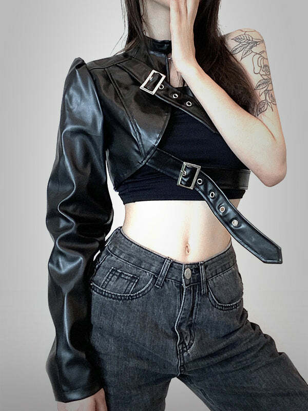 Y2K Grunge Aesthetic Single Arm PU Jacket - Cute Comfy Layer for Coquette & Soft Girl Styles