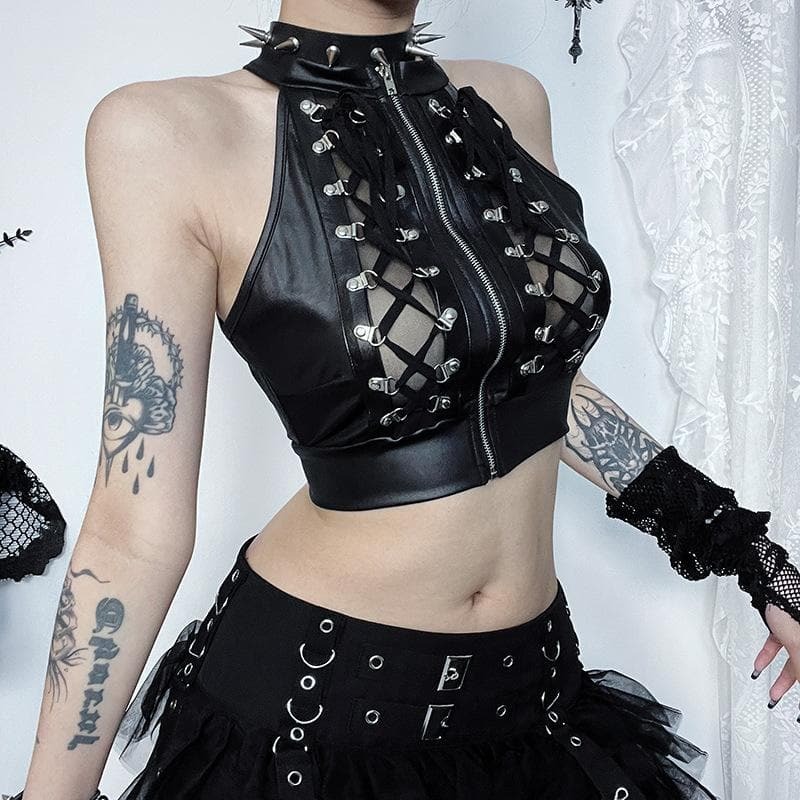 Y2K Grunge Aesthetic Sleeveless PU Leather Lace-Up Zip-Up Crop Top for Cute Outfits