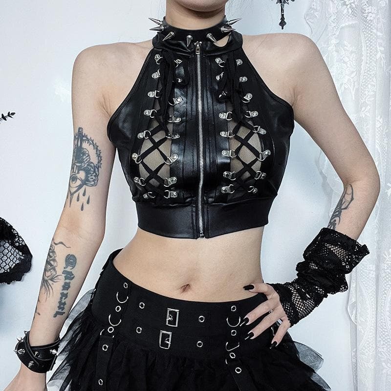Y2K Grunge Aesthetic Sleeveless PU Leather Lace-Up Zip-Up Crop Top for Cute Outfits