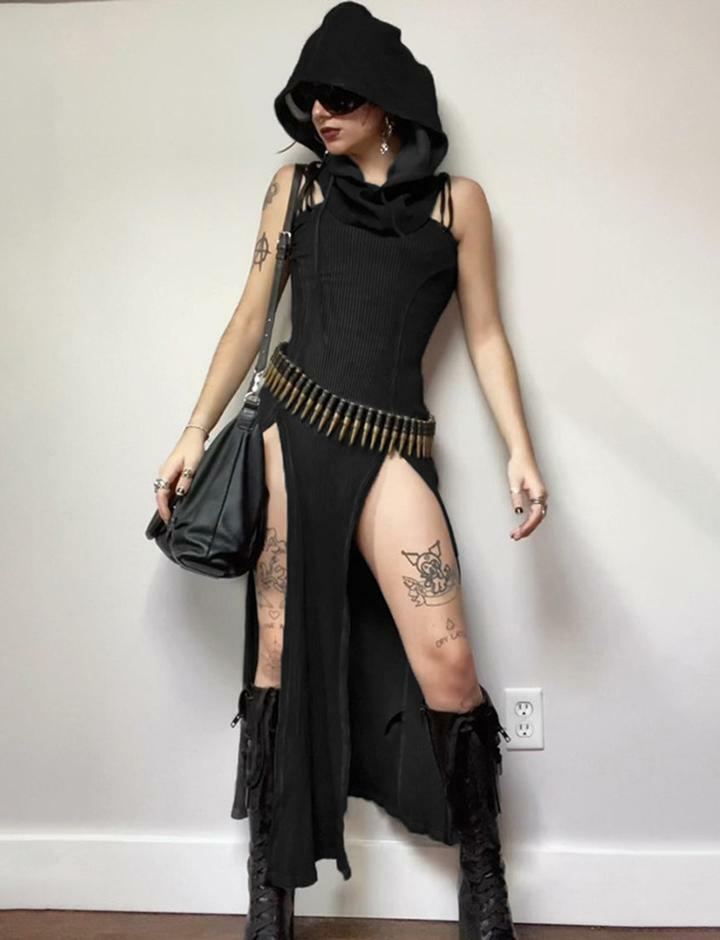 Y2K Grunge Aesthetic Sleeveless Side Slit Maxi Dress - Vintage Style for Edgy Looks