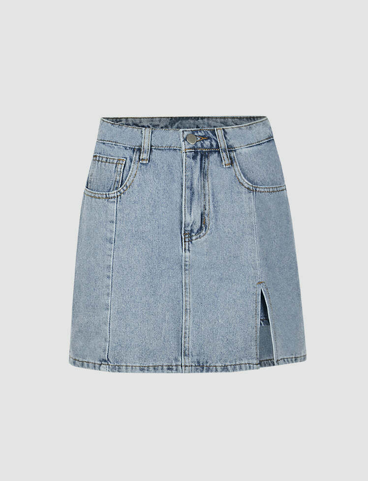 Y2K Grunge Aesthetic Slit Denim Mini Skirt - Cute Cargo Style for Trendy Outfits