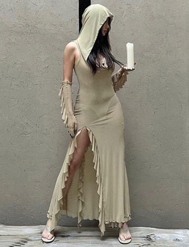 Y2K Grunge Aesthetic Solid Slim Fit Slit Dress - Comfy Cute Top for Vintage Vibes