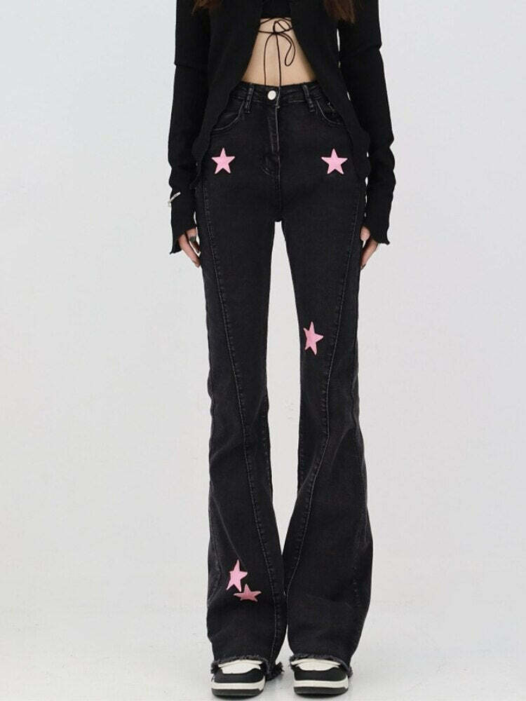 Y2K Grunge Aesthetic Star Flare Jeans - Vintage Style for Cute Outfits & Comfy Looks