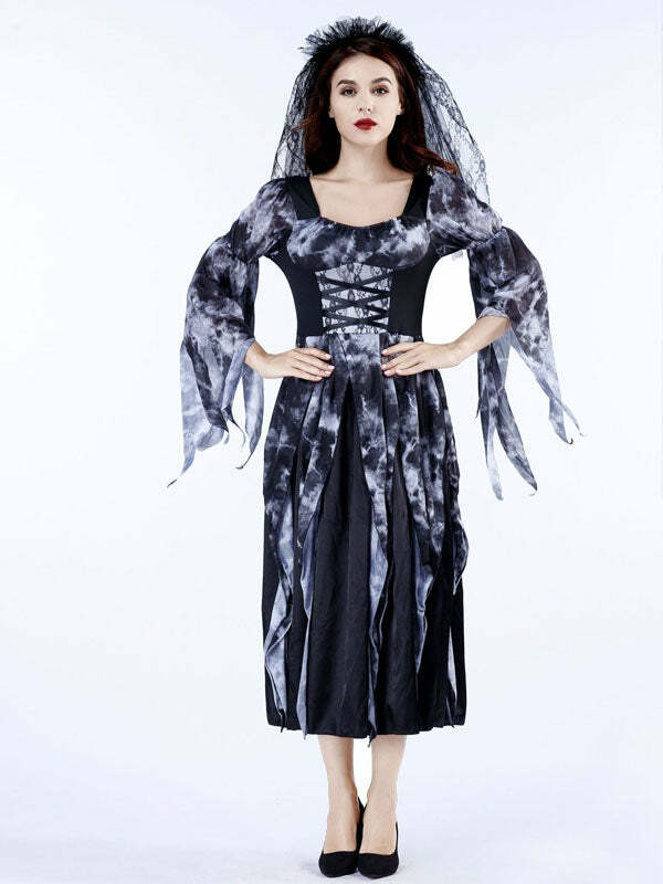 Y2K Grunge Aesthetic Vampire Nun Ghost Bride Costume with Cute Accessories and Hooded Cape