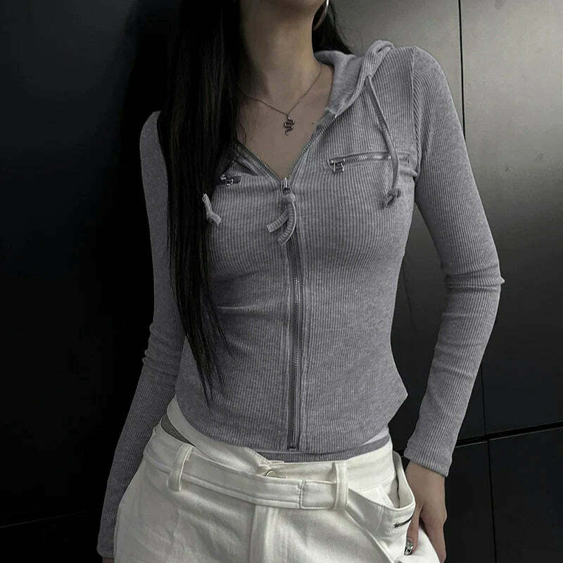 Y2K Grunge Aesthetic Zipper Hoodie - Comfy Cute Top for Coquette & Soft Girl Styles