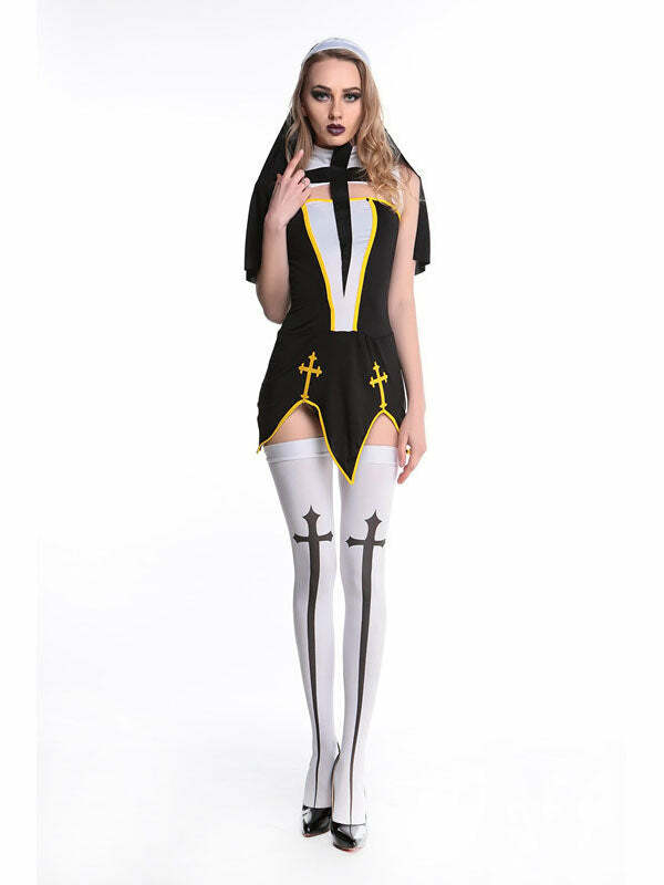 Y2K Grunge Aesthetic Zombie Nun Costume with Cute Hoodies and Platform Mary Janes