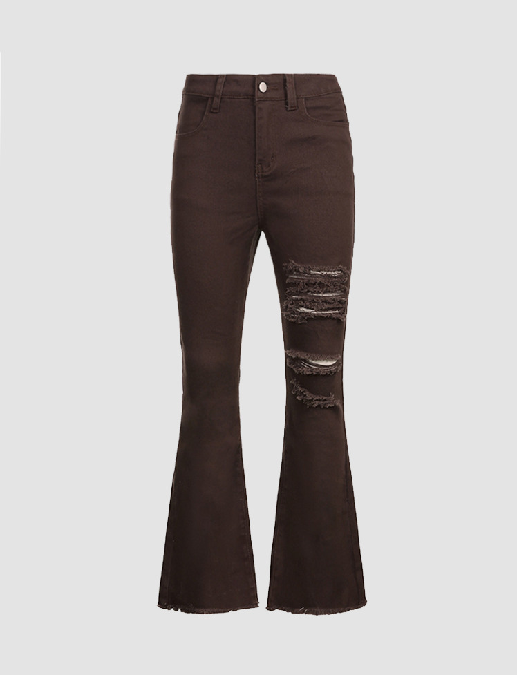 Y2K Grunge Flared Jeans with Ripped Details - Vintage Aesthetic Denim for Trendy Outfits