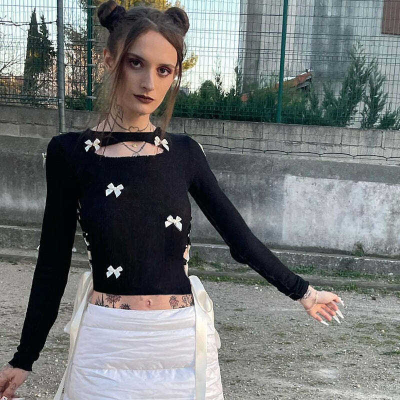 Y2K Grunge Hollow Out Crop Top - Cute Pastel Goth Aesthetic for Edgy Outfits