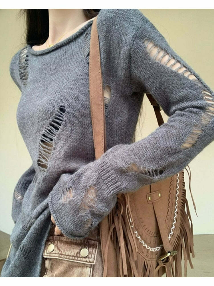 Y2K Grunge Hollow Out Sweater - Vintage Aesthetic Knit Top for Cozy Fall Vibes