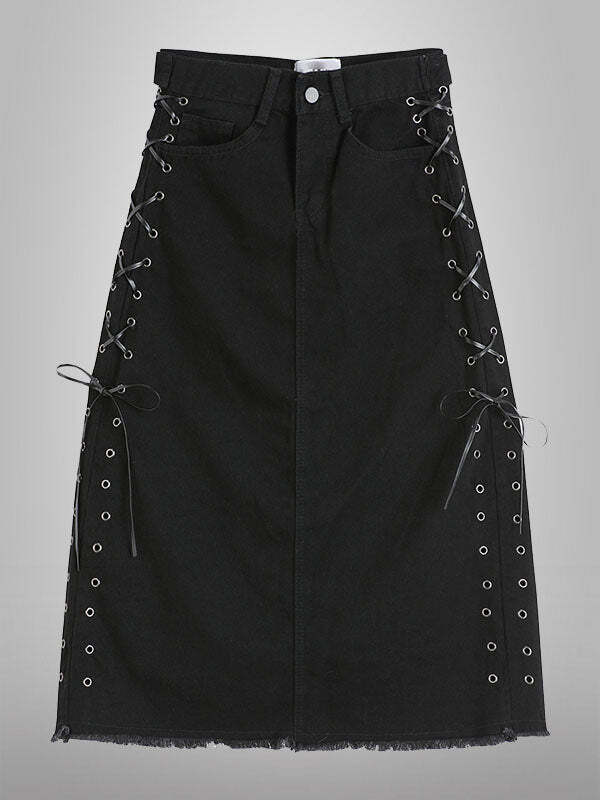 Y2K Grunge Lace-Up Denim Skirt - Vintage Aesthetic Cargo Style for Cute Outfits