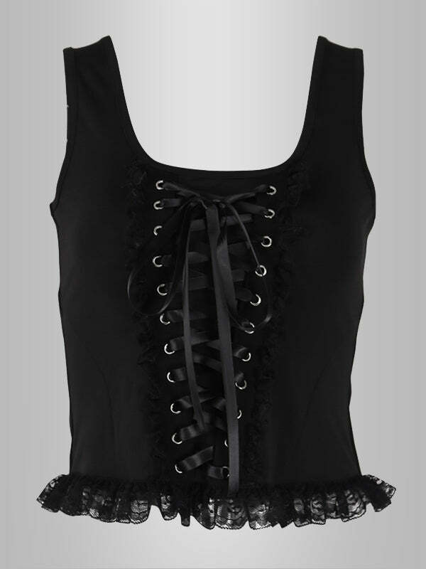 Y2K Grunge Lace-Up Top - Coquette Aesthetic with Dark Academia Vibes & Cute Details