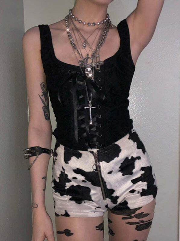 Y2K Grunge Lace-Up Top - Coquette Aesthetic with Dark Academia Vibes & Cute Details