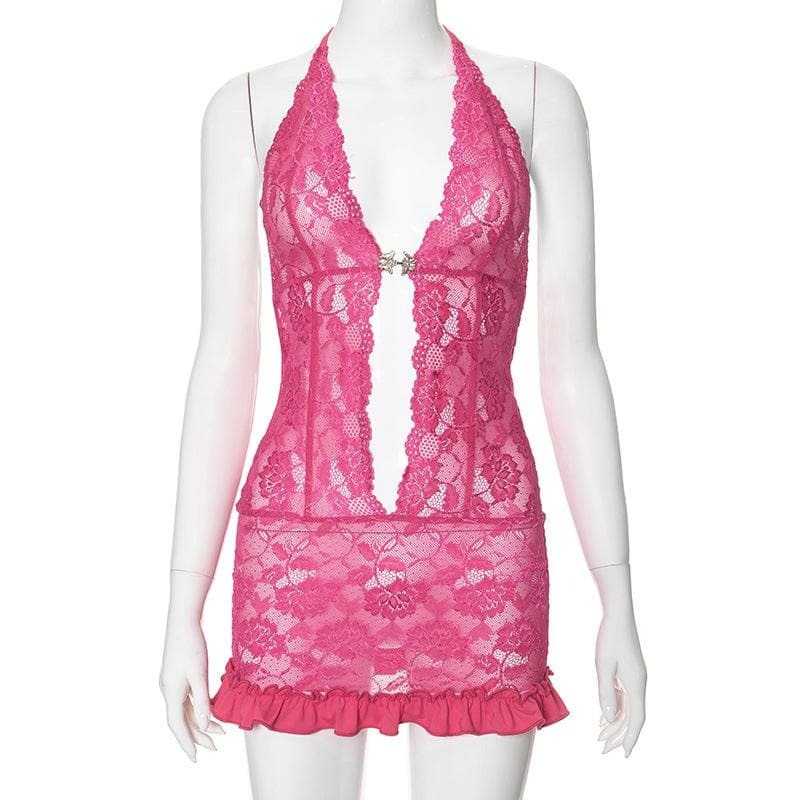 Y2K Grunge Lace Applique Ruffle Mini Dress - Cute Coquette Aesthetic for Trendy Outfits