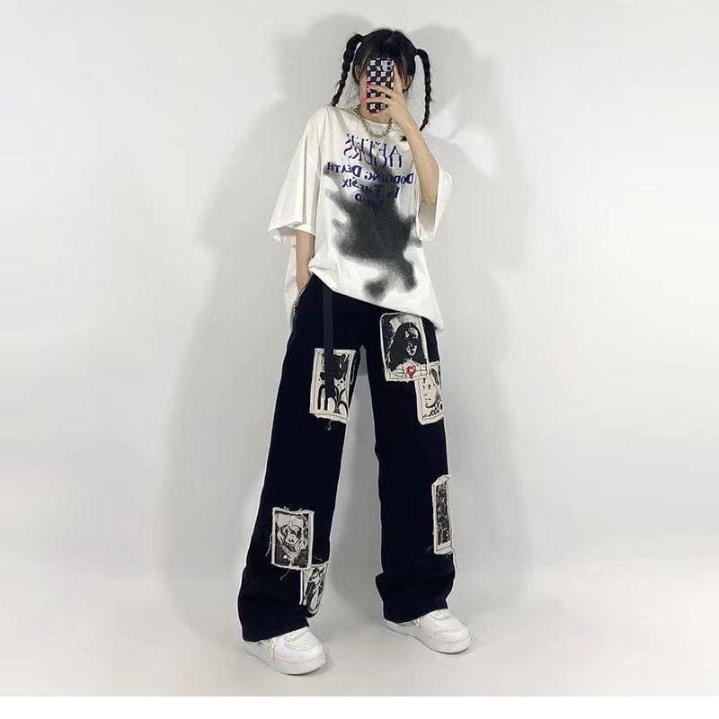 Y2K Grunge Patchwork Black Jeans - Edgy Aesthetic Pants for Vintage Style Lovers