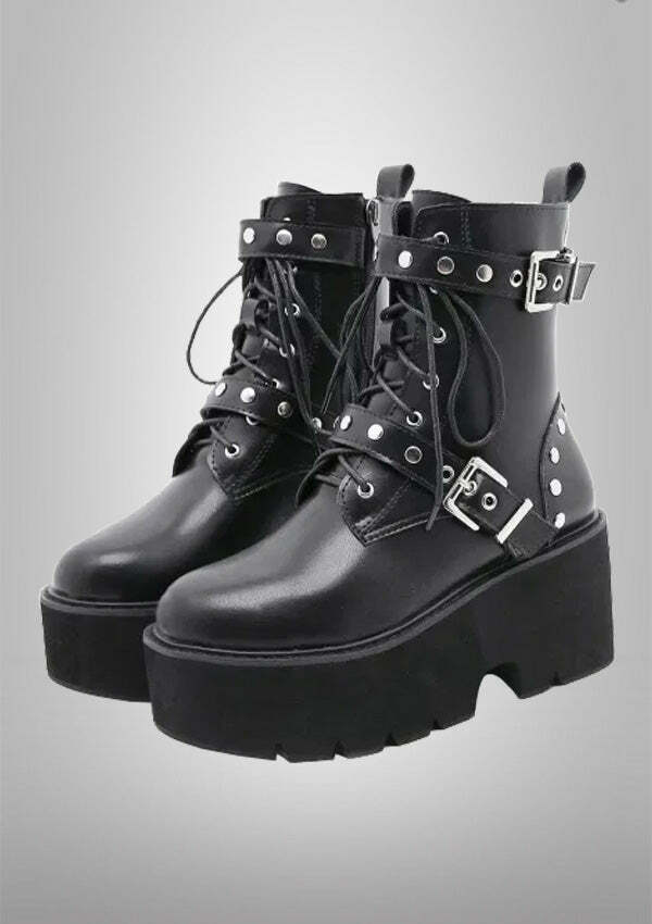 Y2K Grunge Platform Ankle Boots - Edgy Black Rivet Style for Aesthetic Outfits