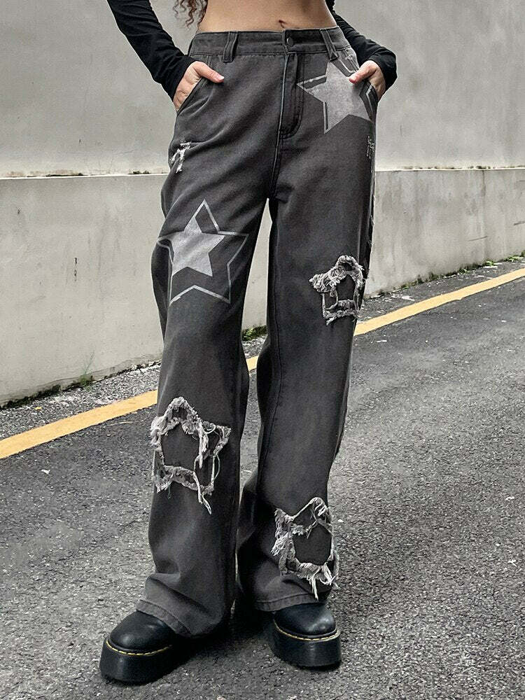 Y2K Grunge Star Jeans - Vintage Aesthetic Denim for Retro Style Lovers