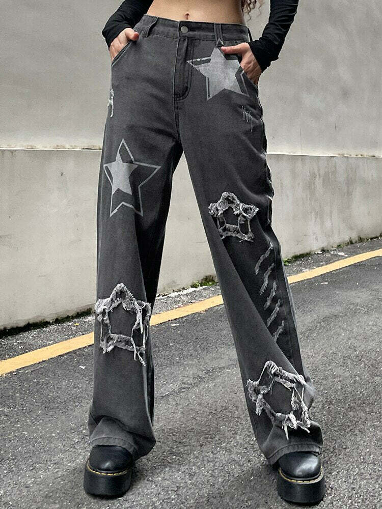 Y2K Grunge Star Jeans - Vintage Aesthetic Denim for Retro Style Lovers