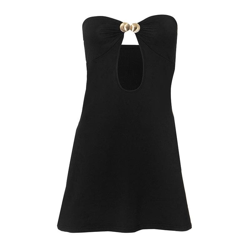 Y2K Grunge Style Cut-Out Mini Dress with Metal Applique - Aesthetic Tube Dress
