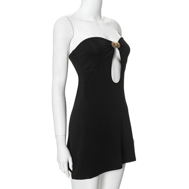 Y2K Grunge Style Cut-Out Mini Dress with Metal Applique - Aesthetic Tube Dress