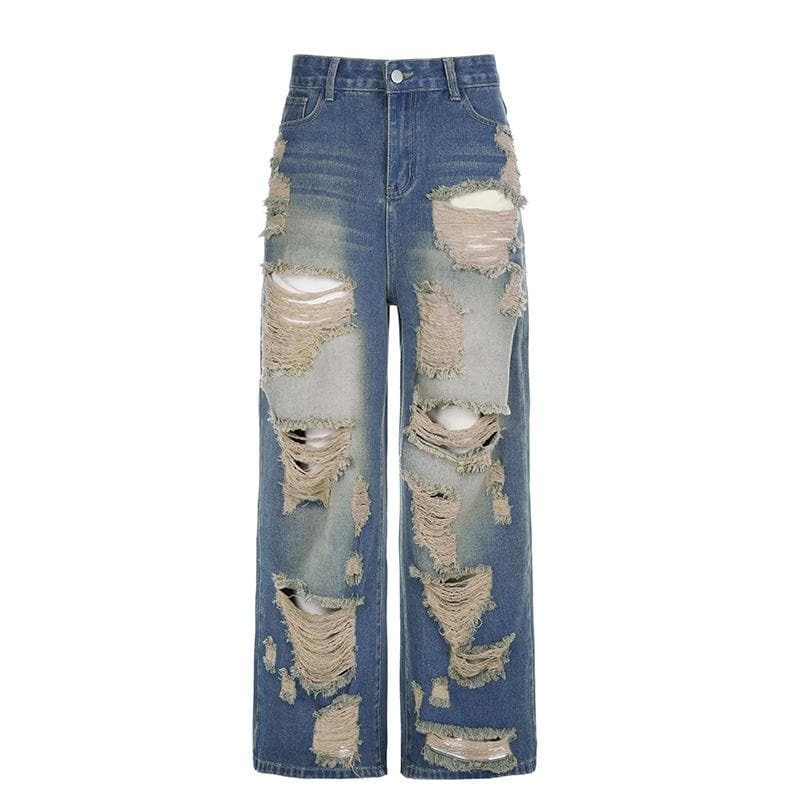 Y2K Grunge Style Ripped Contrast Raw Hem Jeans - Aesthetic Vintage Denim for Trendy Looks