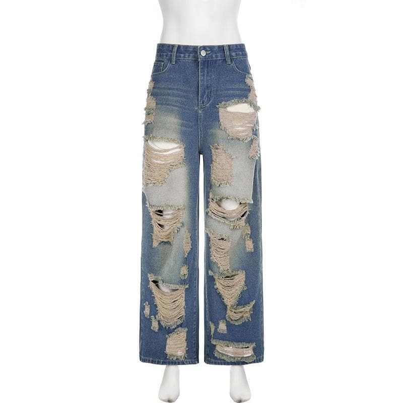 Y2K Grunge Style Ripped Contrast Raw Hem Jeans - Aesthetic Vintage Denim for Trendy Looks