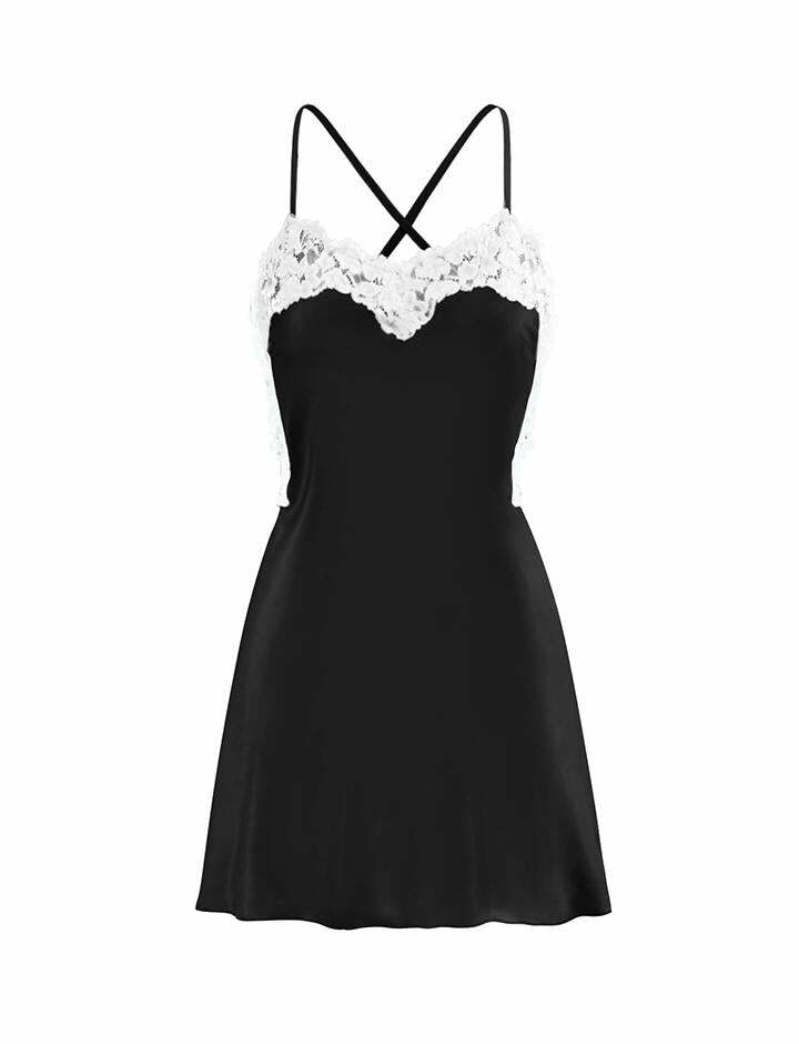 Y2K Halter Backless Satin Dress with Lace Trim - Coquette & Grunge Aesthetic Fashion