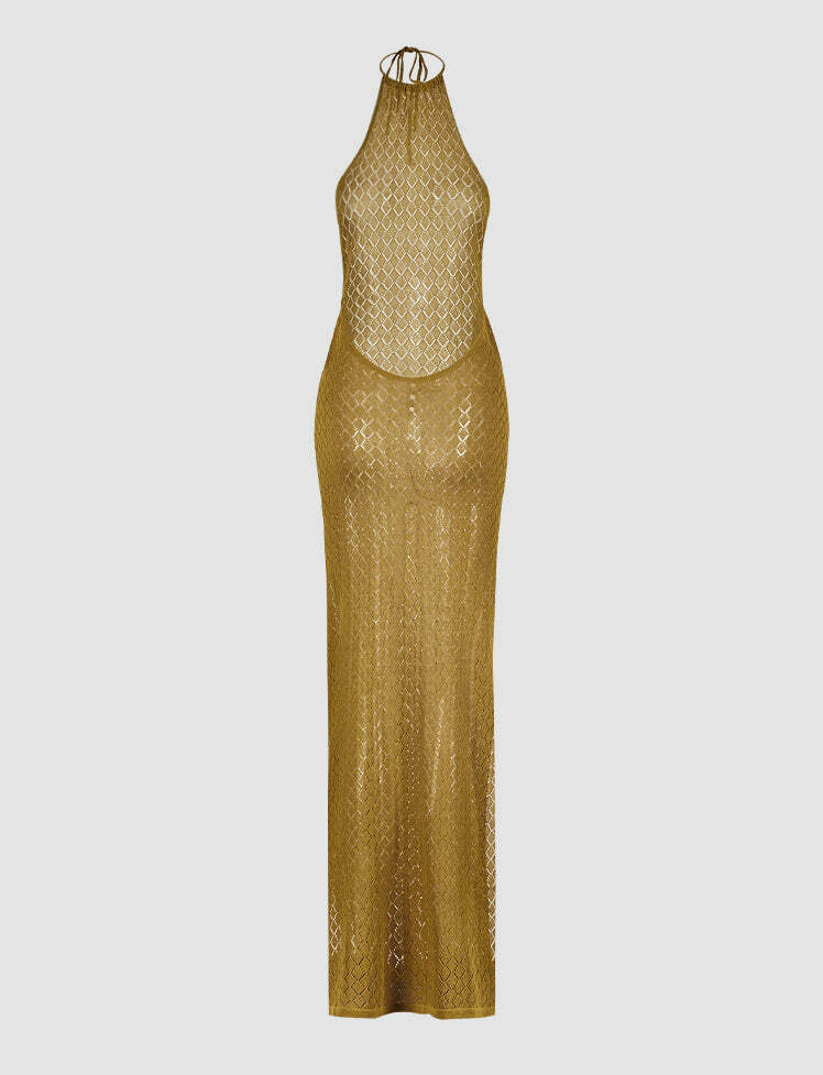 Y2K Halter Backless Side Slit Dress - Coquette Aesthetic with Grunge Vibes & Cute Style