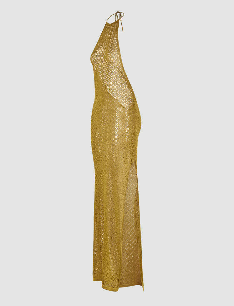 Y2K Halter Backless Side Slit Dress - Coquette Aesthetic with Grunge Vibes & Cute Style