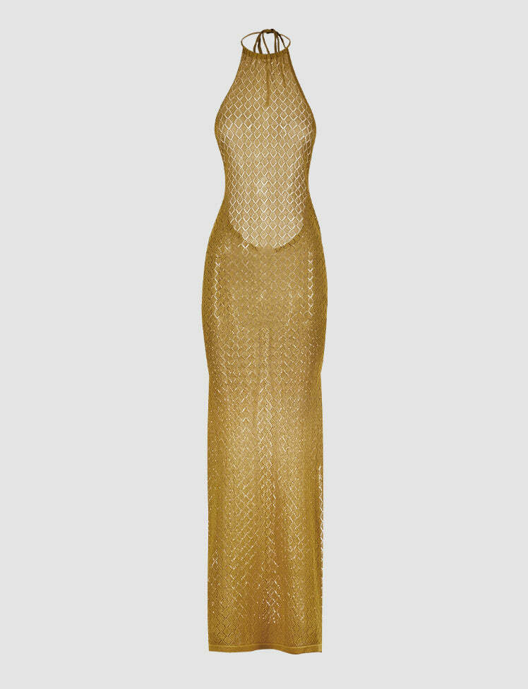 Y2K Halter Backless Side Slit Dress - Coquette Aesthetic with Grunge Vibes & Cute Style