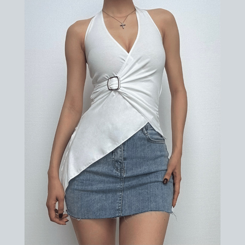 Y2K Halter Buckle Ruffle Ruched Top - Cute Coquette Aesthetic for Grunge & Pastel Styles
