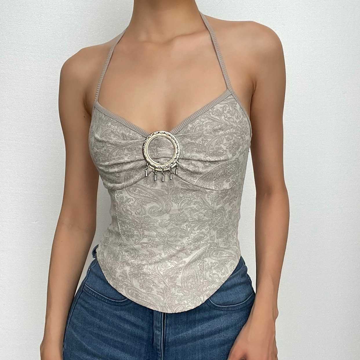 Y2K Halter Buckle V-Neck Backless Ruched Top - Cute Aesthetic for Coquette & Grunge Styles