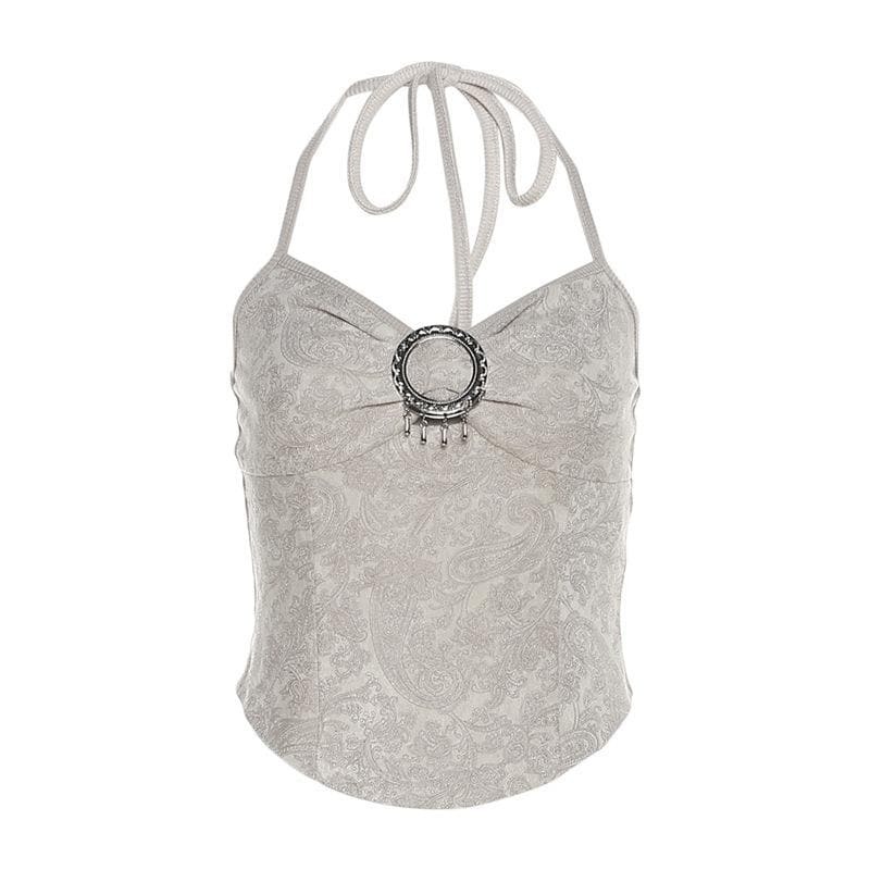 Y2K Halter Buckle V-Neck Backless Ruched Top - Cute Aesthetic for Coquette & Grunge Styles