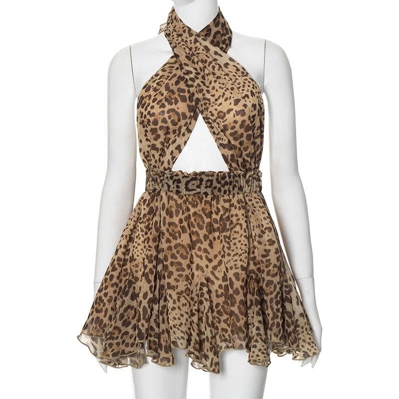 Y2K Halter Cross Front Leopard Print Ruffle Mini Dress - Cute Coquette & Grunge Aesthetic