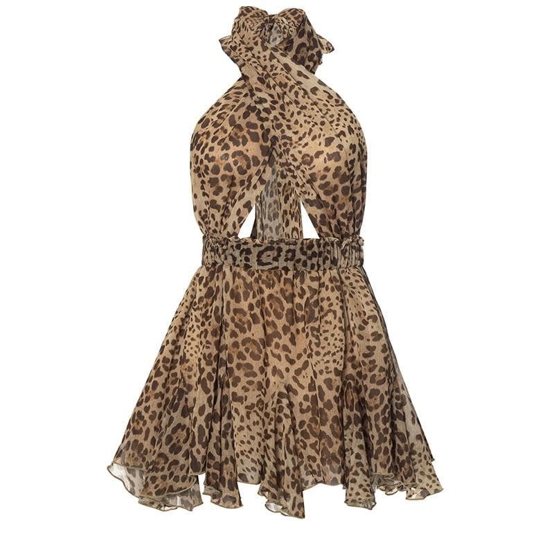 Y2K Halter Cross Front Leopard Print Ruffle Mini Dress - Cute Coquette & Grunge Aesthetic