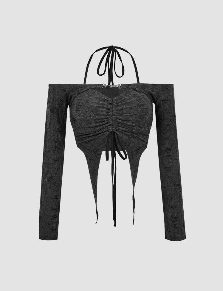 Y2K Halter Irregular Drawstring Top - Cute Aesthetic Crop for Coquette & Grunge Styles