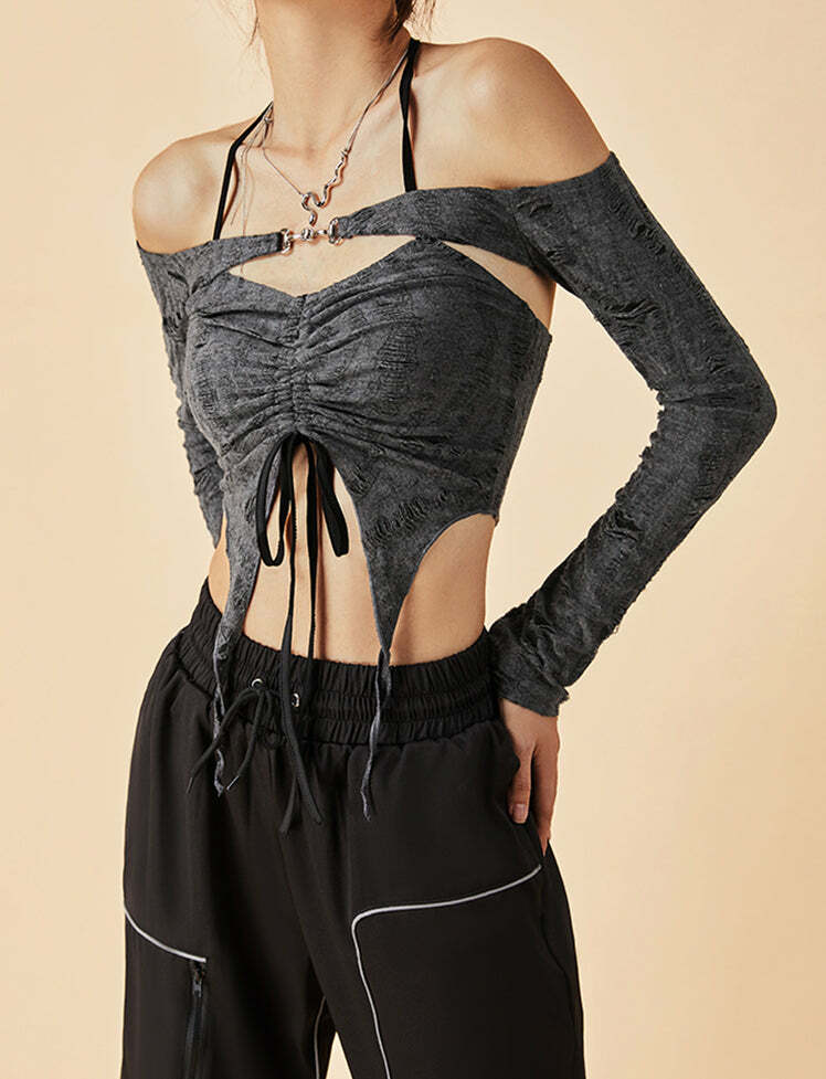 Y2K Halter Irregular Drawstring Top - Cute Aesthetic Crop for Coquette & Grunge Styles