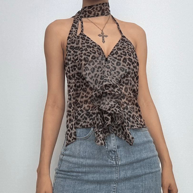 Y2K Halter Leopard Print Ruffle Chiffon Top - Cute Aesthetic for Coquette & Grunge Styles