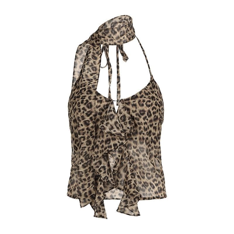 Y2K Halter Leopard Print Ruffle Chiffon Top - Cute Aesthetic for Coquette & Grunge Styles