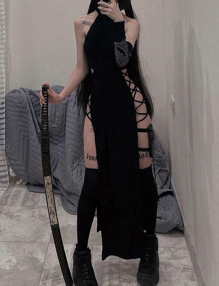 Y2K Halter Neck Double Slit Dress - Grunge & Coquette Aesthetic for Trendy Outfits