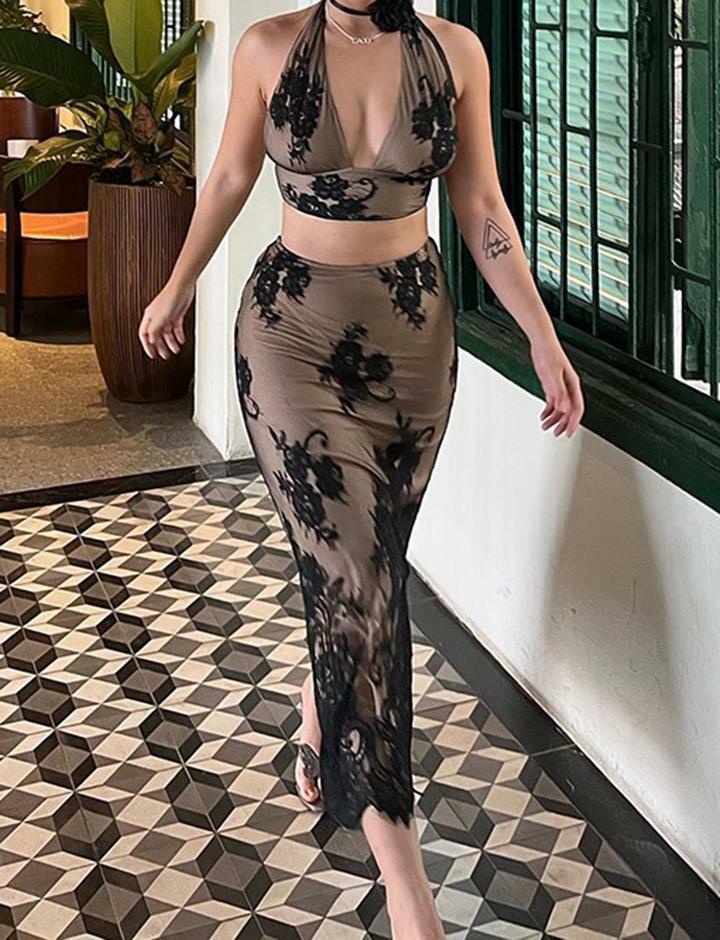 Y2K Halter Neck Lace Vest & High Waist Mesh Dress Set - Coquette & Grunge Aesthetic Outfit