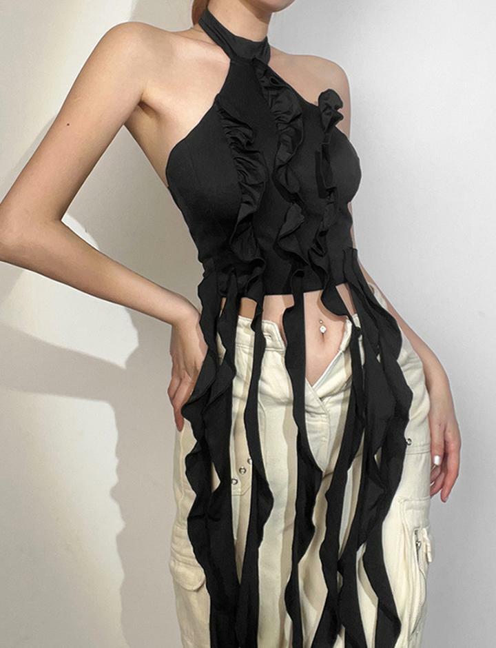 Y2K Halter Neck Ruffle Fringe Hem Crop Top - Cute Aesthetic for Coquette & Grunge Styles