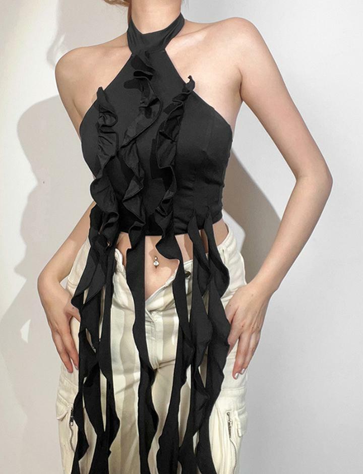 Y2K Halter Neck Ruffle Fringe Hem Crop Top - Cute Aesthetic for Coquette & Grunge Styles