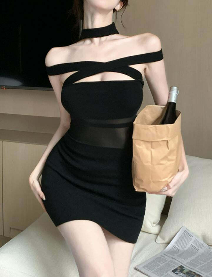 Y2K Halter Neck Sleeveless Mesh Patchwork Mini Dress - Cute Coquette & Grunge Aesthetic