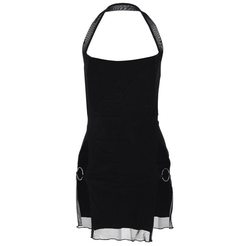 Y2K Halter O-Ring High Slit Ruffle Mesh Mini Dress - Cute Coquette & Grunge Aesthetic