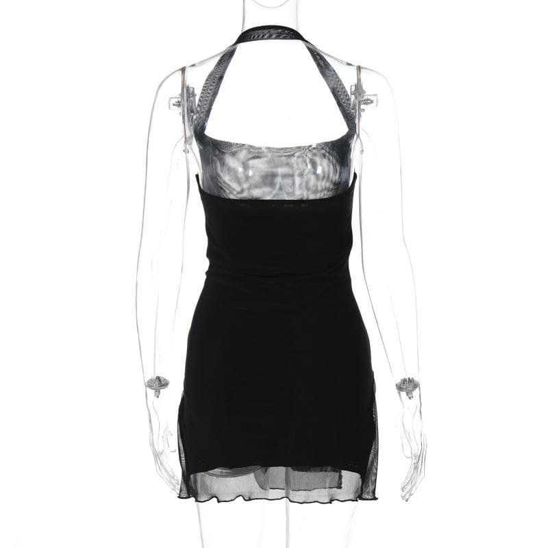 Y2K Halter O-Ring High Slit Ruffle Mesh Mini Dress - Cute Coquette & Grunge Aesthetic