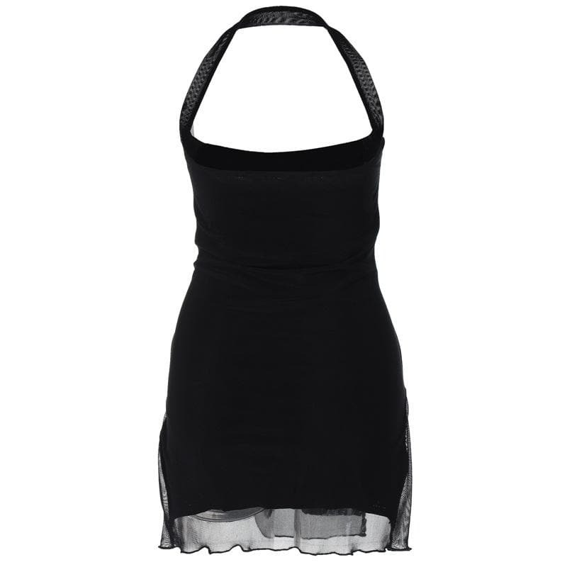 Y2K Halter O-Ring High Slit Ruffle Mesh Mini Dress - Cute Coquette & Grunge Aesthetic