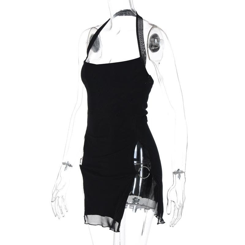 Y2K Halter O-Ring High Slit Ruffle Mesh Mini Dress - Cute Coquette & Grunge Aesthetic